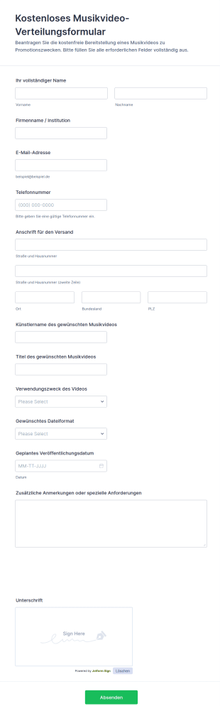 Kostenloses Musikvideo Verteilungsformular
