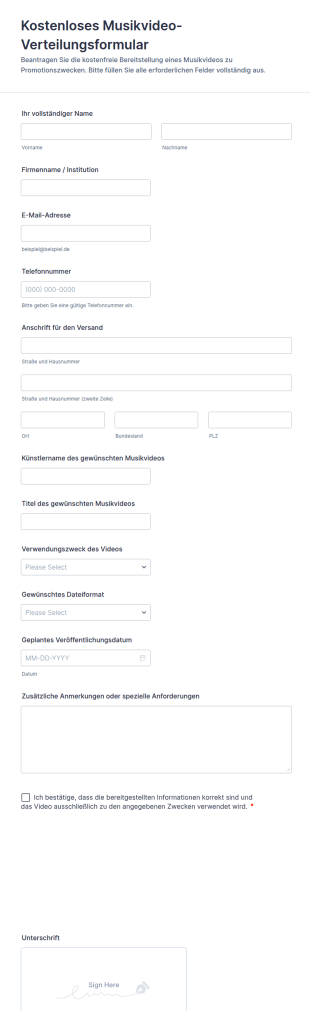 Kostenloses Musikvideo Verteilungsformular