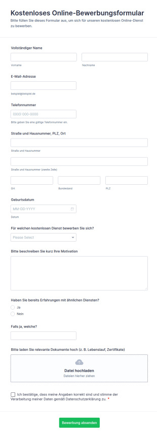 Kostenloses Online Bewerbungsformular