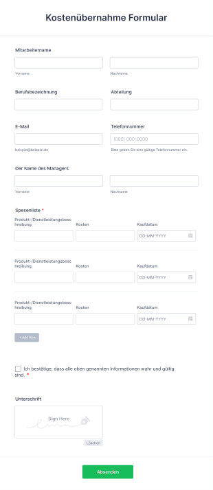 Kostenübernahme Formular Form Template