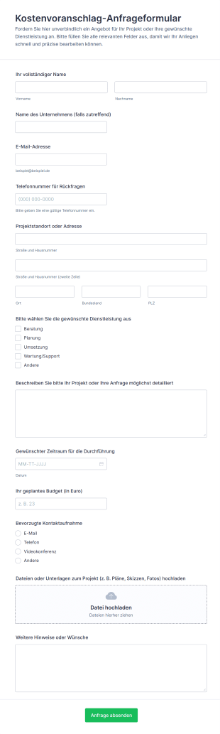 Kostenvoranschlag Anfrageformular