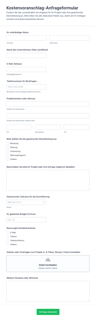Kostenvoranschlag Anfrageformular