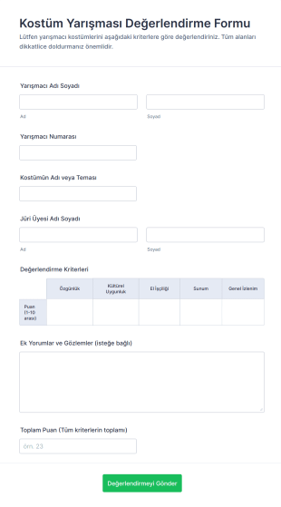 Kostüm Yarışması Değerlendirme Form Şablonu