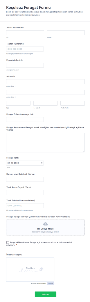 Koşulsuz Feragat Form Şablonu