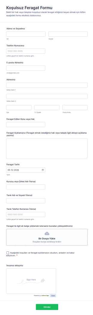 Koşulsuz Feragat Form Şablonu