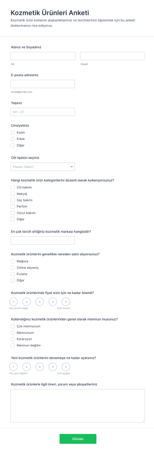 Kozmetik Ürünleri Anketi Form Şablonu