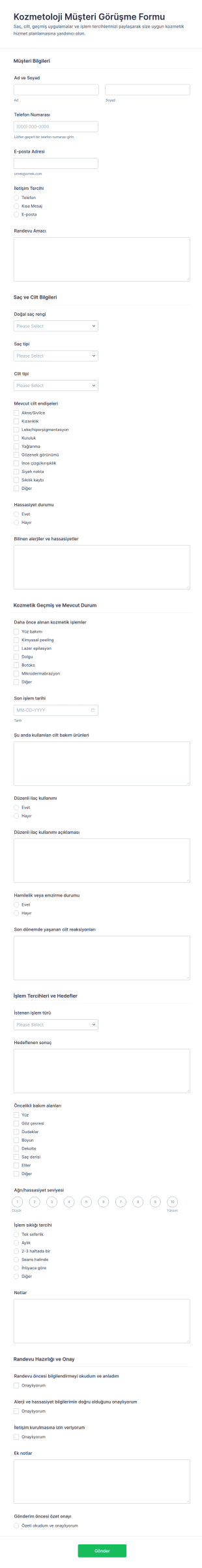 Kozmetoloji Müşteri Danışma Form Şablonu