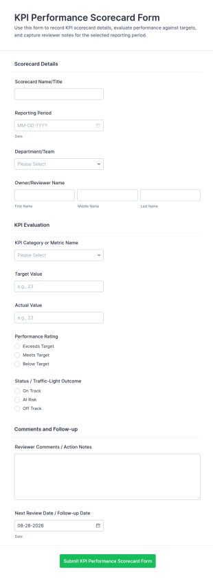 KPI Performance Scorecard Form Template