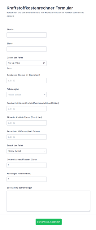 Kraftstoffkostenrechner Formular