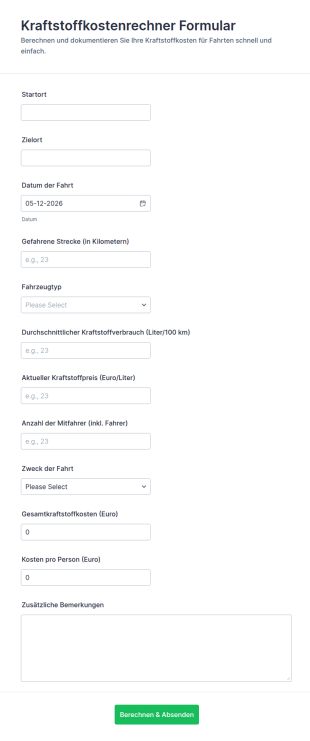 Kraftstoffkostenrechner Formular