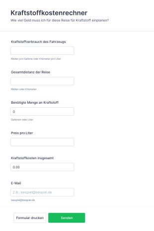 Kraftstoffkostenrechner Form Template