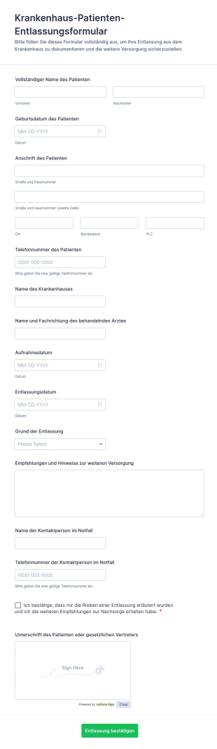 Krankenhaus Patienten Entlassungsformular