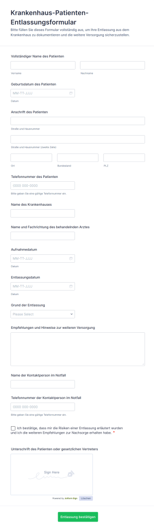 Krankenhaus Patienten Entlassungsformular