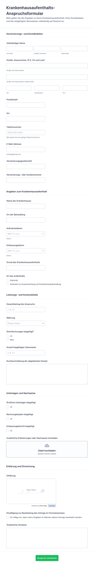 Krankenhausaufnahme Anspruchsformular 🏥