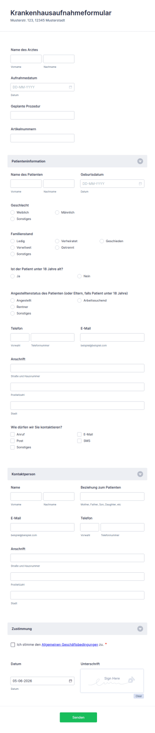 Krankenhausaufnahmeformular