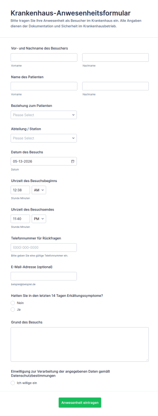 Krankenhausbesuch Registrierung Formular