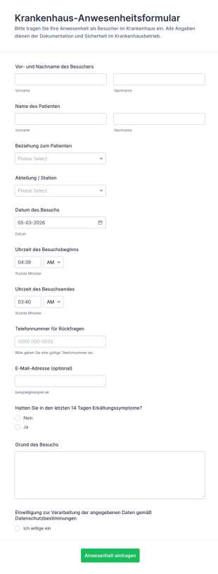 Krankenhausbesuch Registrierung Formular