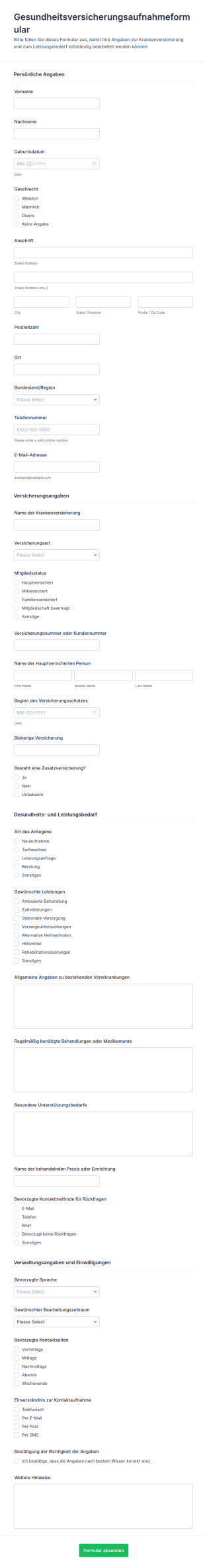 Krankenversicherungs Anfrageformular