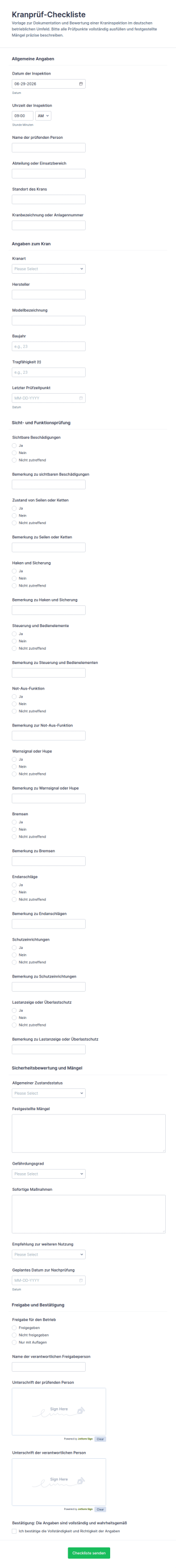 Kranprüfungs Checkliste
