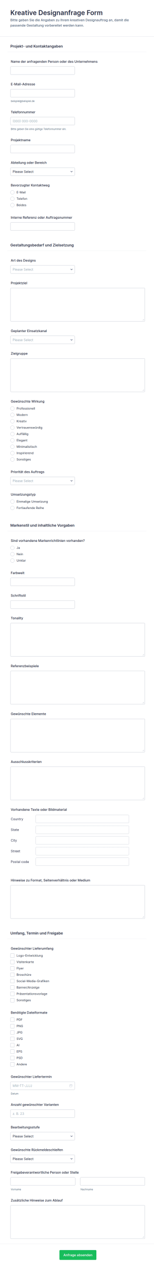 Kreative Design Anfrage Formular 🎨✨🌟