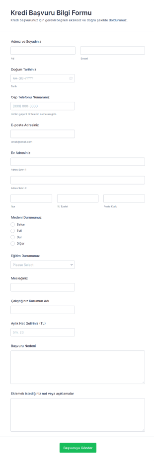 Kredi Başvuru Bilgi Form Şablonu