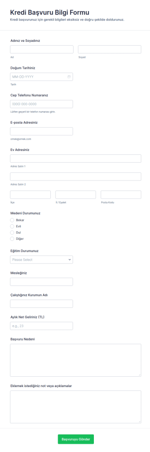 Kredi Başvuru Bilgi Form Şablonu