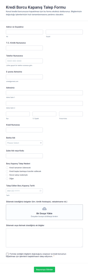 Kredi Borcu Kapanış Talep Form Şablonu