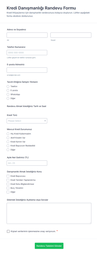 Kredi Danışmanlığı Randevu Form Şablonu