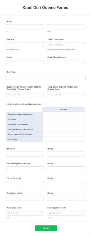 Kredi Geri Ödeme Form Şablonu