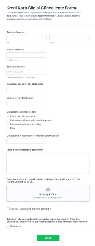 Kredi Kartı Bilgisi Güncelleme Form Şablonu