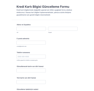 Kredi Kartı Bilgisi Güncelleme Form Şablonu
