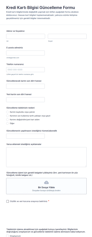 Kredi Kartı Bilgisi Güncelleme Form Şablonu
