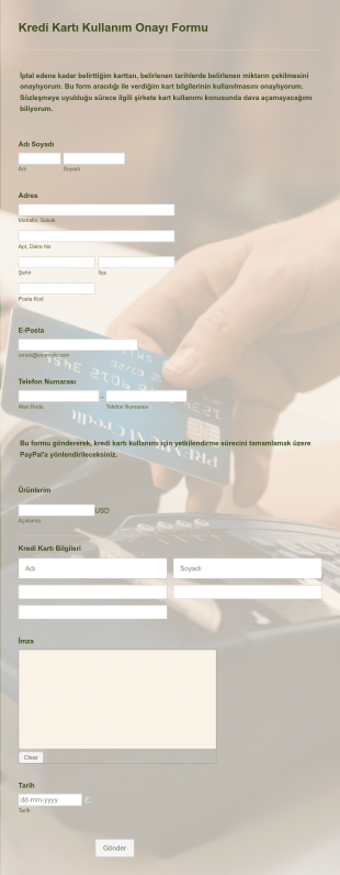 Kredi Kartı Kullanım Onayı Form Template