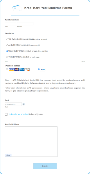 Kredi Karti Yetkilendirme Form Template