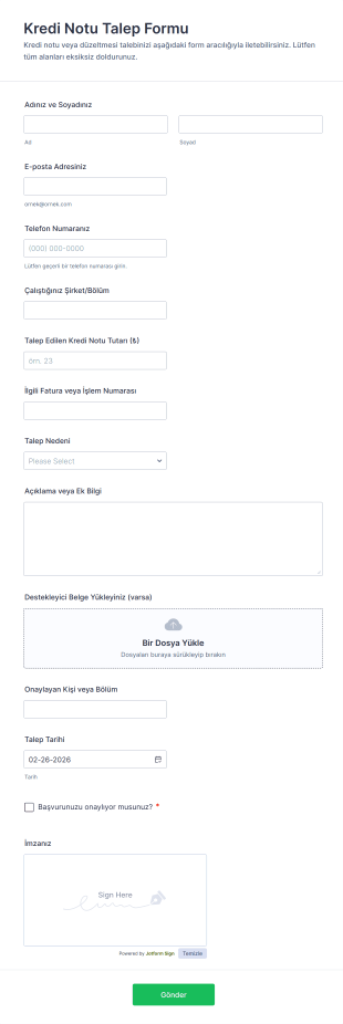 Kredi Notu Talep Form Şablonu
