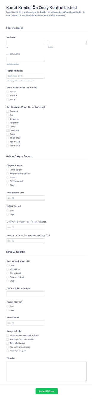 Kredi Ön Onay Kontrol Listesi Form Şablonu