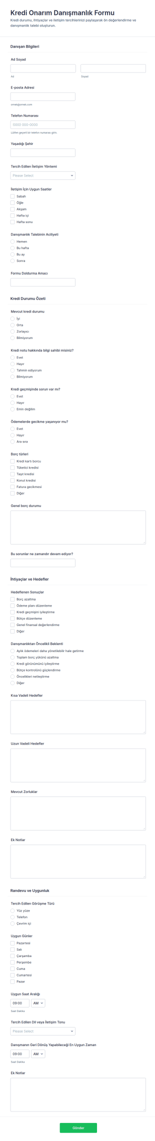 Kredi Onarım Danışma Form Şablonu