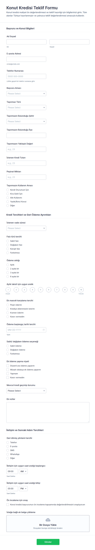 Kredi Tahmini Form Şablonu