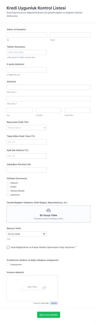 Kredi Uygunluk Kontrol Listesi Form Şablonu