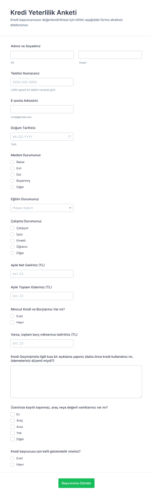 Kredi Yeterlilik Anketi Form Şablonu