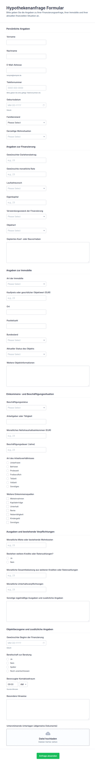 Kredit Und Darlehensanfrage Formular