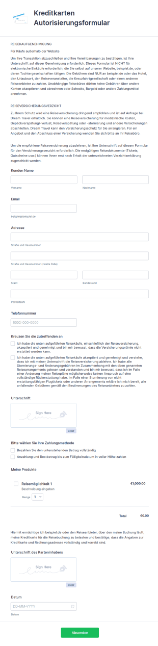 Kreditkarten Autorisierungsformular