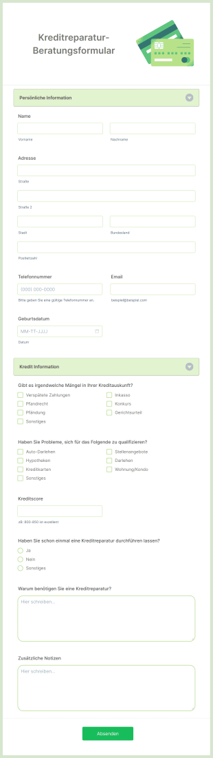 Kreditreparatur Beratungsformular Form Template