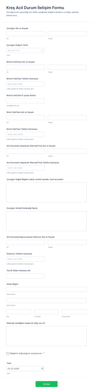 Kreş Acil Durum İletişim Form Şablonu