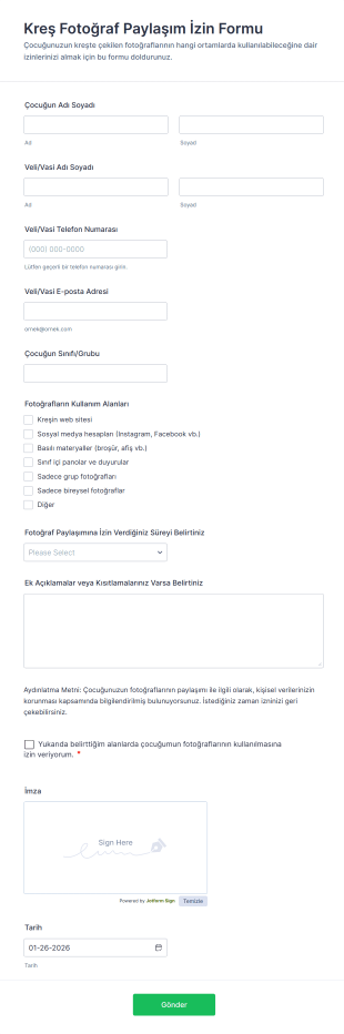 Kreş Fotoğraf Paylaşım İzin Form Şablonu