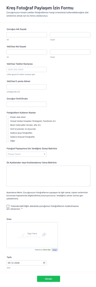 Kreş Fotoğraf Paylaşım İzin Form Şablonu