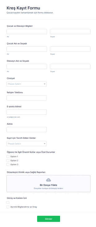 Kreş Kayıt Form Şablonu