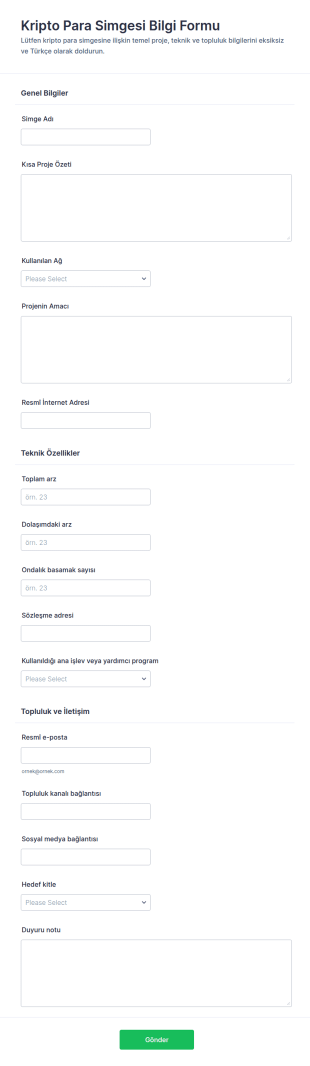 Kripto Para Token Bilgi Form Şablonu