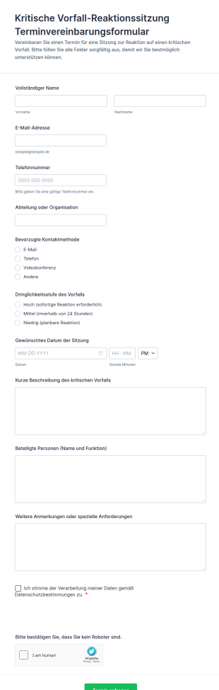 Kritische Vorfall Reaktionssitzung Terminvereinbarungsformular