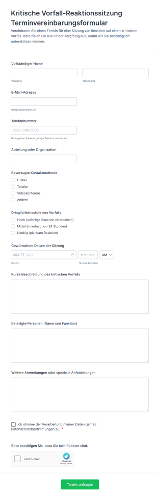 Kritische Vorfall Reaktionssitzung Terminvereinbarungsformular